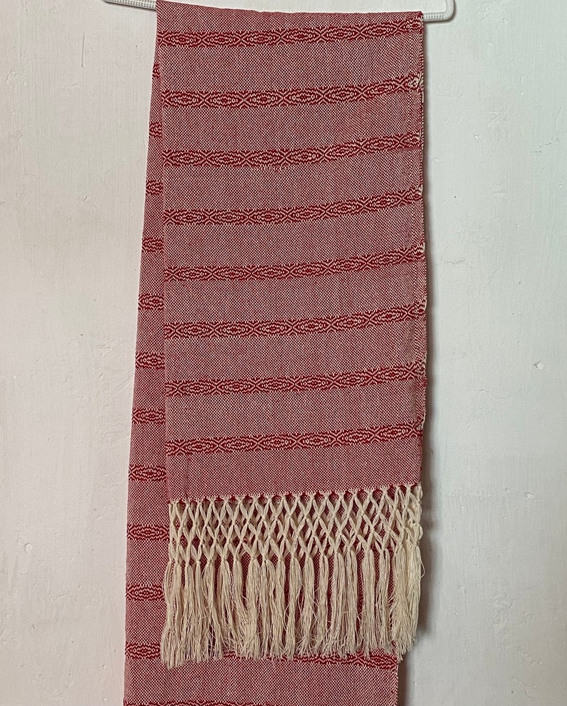 Rebozo mexicain Linea de nochebuena base et franges blanches 100 % coton fait main à Oaxaca image 9