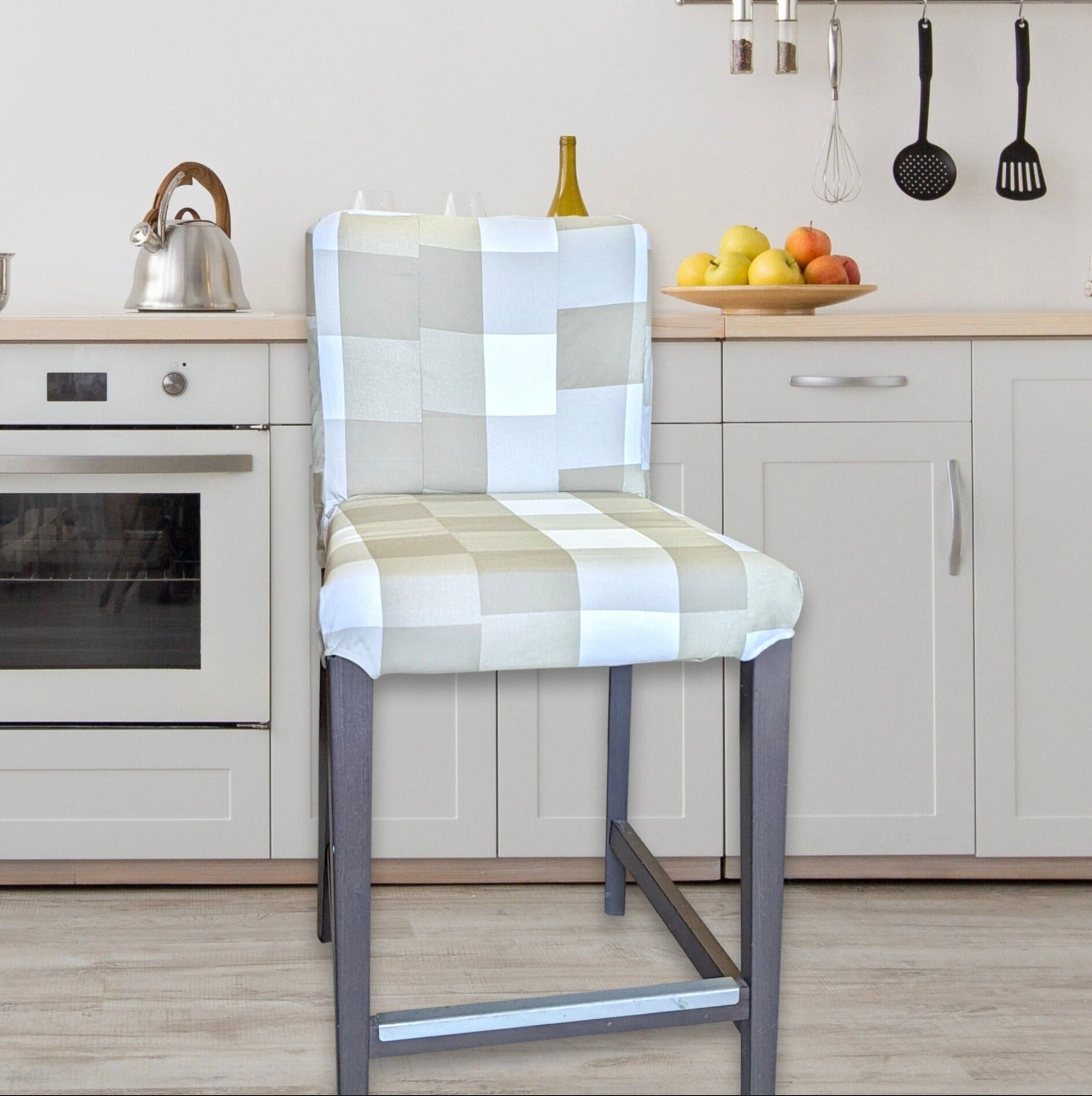 IKEA HENRIKSDAL Bar Stool Chair Cover Patchwork Beige Check Etsy