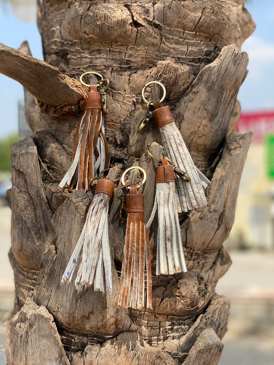 Cowhide Leather Fringe Keychain Bag Charms Fringe Keychain Western