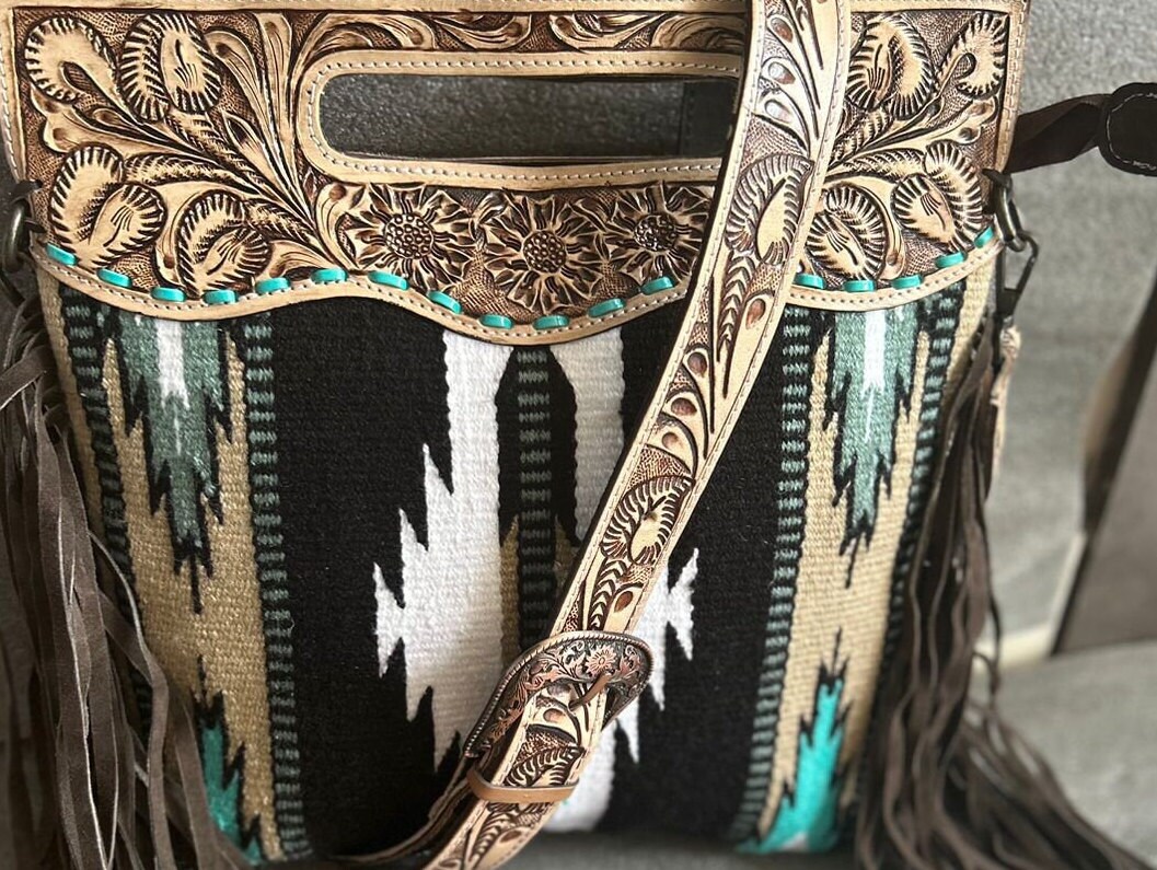 Merba Women's Handmade Cowhide Leather Hobo Bag - Aztec Patch Front, Double Handle, Canvas Body - View #11