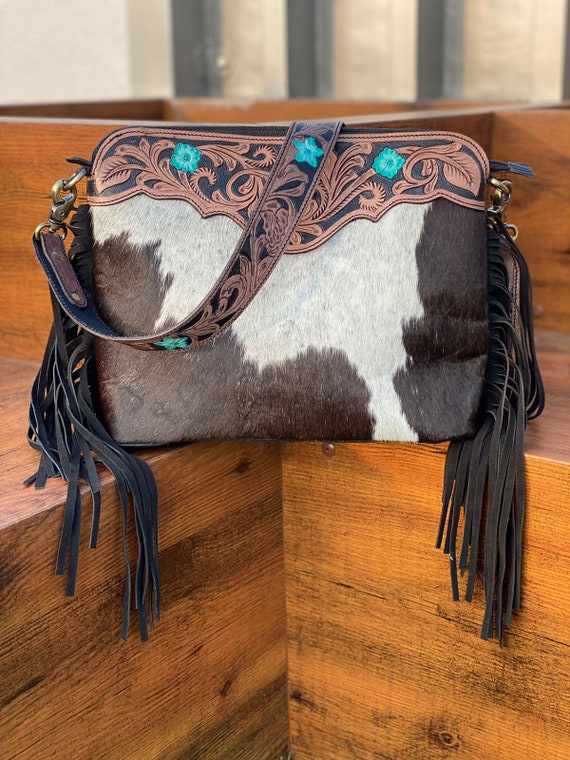 Cowhide Handbag Western Bag Black and White Hand Carved Flowers