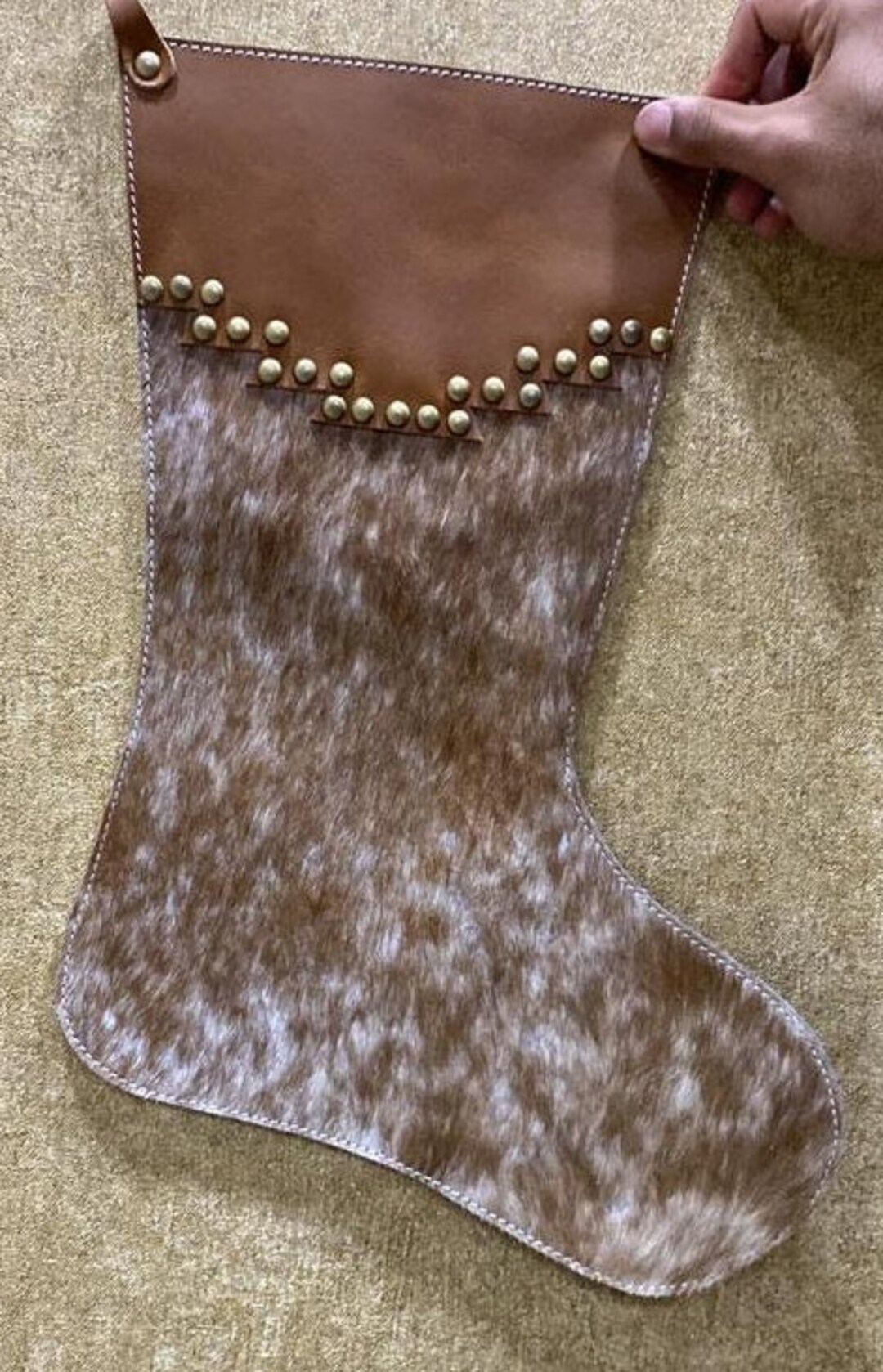 Cowhide Christmas Stockings Leather Trim With Fringes and Gold Studs