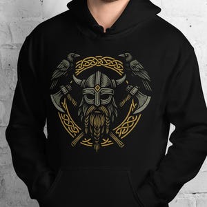 Bluza z kapturem Odyna Raven Norse Axe Symbol Vegvisir Bluza z kapturem Unisex Viking Warrior Jumper Norse Mythology Gift Skandynawska bluza z kapturem Folklore
