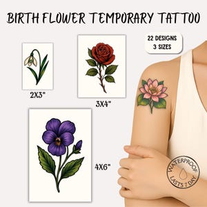 Birth Flower Temporary Tattoo Designs Custom Floral Fake Birth Month Tattoo Waterproof for Bridesmaid Women Men Personalised Birthday Gifts
