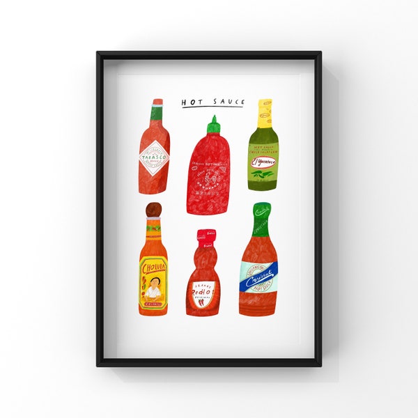 Hot Sauce Print, Spice Kitchen Decor, Foodie gift, Foodie Wall Art, Illustrated A3 or A4 Poster