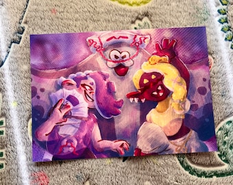 May include: A digital painting of three cartoon characters. The character in the center is white with a red mouth and black eyes. The character on the left is purple with a pink dress and a white mask. The character on the right is yellow with a red mouth and black eyes. The background is a purple and blue gradient.
