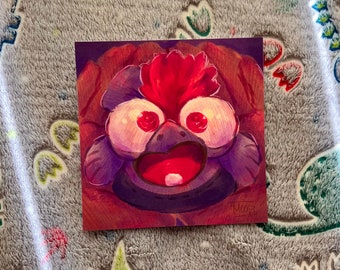May include: A digital painting of a cartoon bird with red feathers, large white eyes, and a wide open mouth. The bird is painted in a vibrant purple, red, and orange color palette.