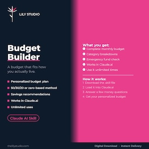 以下が含まれることがあります： Lily StudioによるBudget Builderツールのデジタル製品広告。ダークブルーと鮮やかなピンクの配色で、パーソナライズされた予算計画やClaude.aiとの統合などの機能が白いテキストで詳細に記載されています。