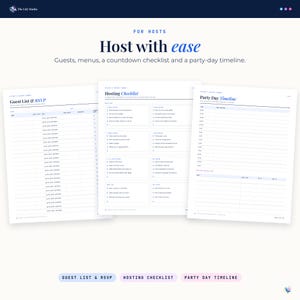 Three printable hosting pages: Guest List and RSVP with yes, no and maybe circles, a Hosting Checklist from four weeks before to the day after, and a Party Day Timeline.