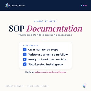 以下が含まれることがあります： Claude AI Skill SOP Documentationというタイトルのデジタル文書。明確な番号付きステップ、書面による指示、新規採用者向けの準備、ステップバイステップのインストールガイドなどの機能リストが記載されています。