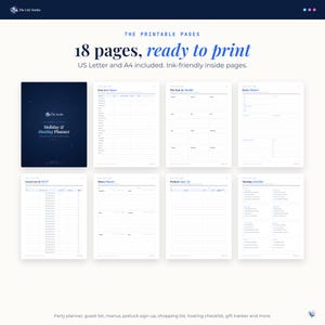 Eight of the 18 printable pages: the navy cover, Year at a Glance, The Year in Months, Party Planner, Guest List and RSVP, Menu Planner, Potluck Sign-Up and Hosting Checklist.