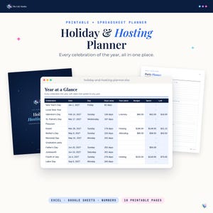 Holiday and Hosting Planner by The Lily Studio, shown as a navy printable cover page, a Year at a Glance spreadsheet with holiday dates and countdowns, and a printable party planner page.