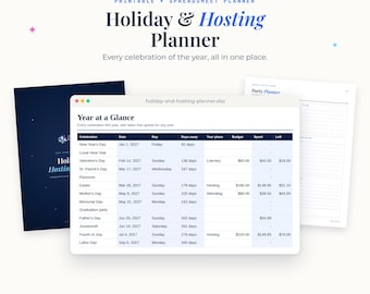 Holiday Planner Printable & Spreadsheet, Party Hosting Planner, Year Round Celebration Budget, Guest List RSVP and Menu Tracker