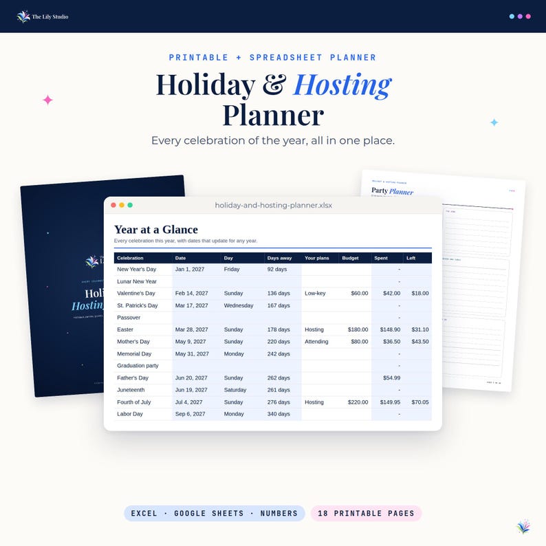 Holiday and Hosting Planner by The Lily Studio, shown as a navy printable cover page, a Year at a Glance spreadsheet with holiday dates and countdowns, and a printable party planner page.