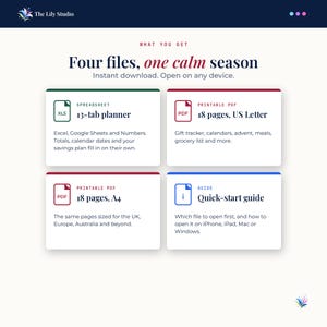 The four files included: spreadsheet, Letter PDF, A4 PDF and quick-start guide