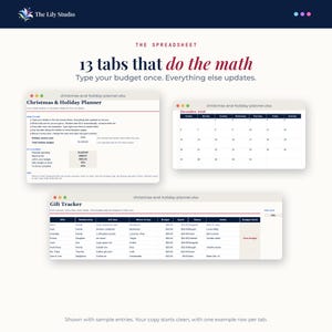 Spreadsheet tabs for start here, calendar and gift tracker, shown with sample entries