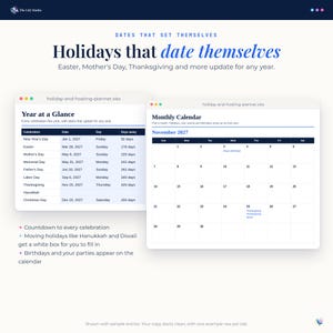 Year at a Glance tab with holiday dates that update for any year, next to a Monthly Calendar for November showing Thanksgiving, a party and a birthday, shown with sample entries.