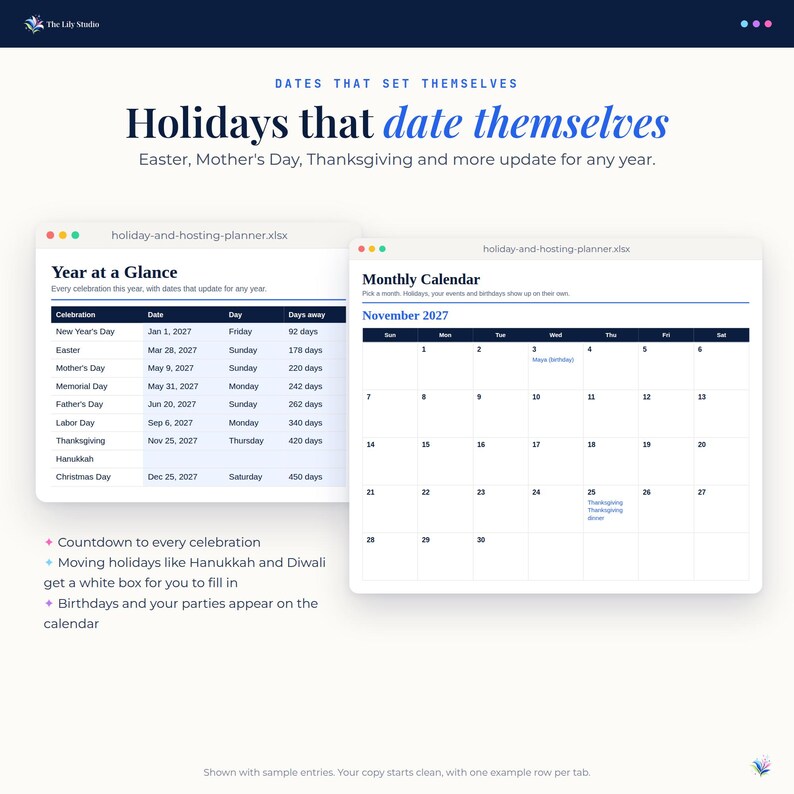 Year at a Glance tab with holiday dates that update for any year, next to a Monthly Calendar for November showing Thanksgiving, a party and a birthday, shown with sample entries.