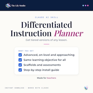 Op de afbeelding: Een digitale planner voor gedifferentieerd onderwijs voor Claude AI, met de tekst 'Claude AI Skill', 'Differentiated Instruction Planner' en 'Get tiered versions of any lesson'. Bevat een checklist met functies voor docenten.