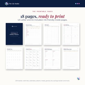 Grid of printable pages including gift tracker, wish lists, calendars and savings tracker