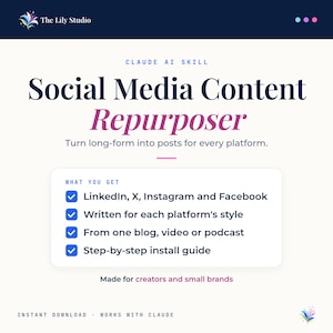 Può includere: Un grafico digitale intitolato Claude AI Skill Social Media Content Repurposer. Elenca funzionalità tra cui la compatibilità con LinkedIn, X, Instagram e Facebook, scrittura specifica per piattaforma, riutilizzo di blog, video o podcast e una guida all'installazione.