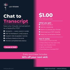 以下が含まれることがあります： Lily StudioのChat to Transcriptツールに関するデジタル製品広告。グラフィックはダークブルーとピンクの配色で、PDFやMarkdown出力、インストール手順、購入価格などの機能が白いテキストで詳細に記載されています。
