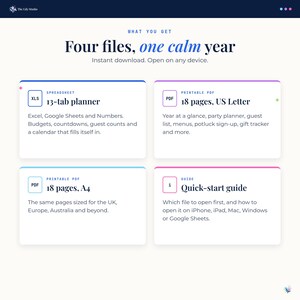 What you get: a 13-tab spreadsheet for Excel, Google Sheets and Numbers, 18 printable pages in US Letter, the same 18 pages in A4, and a quick-start guide.