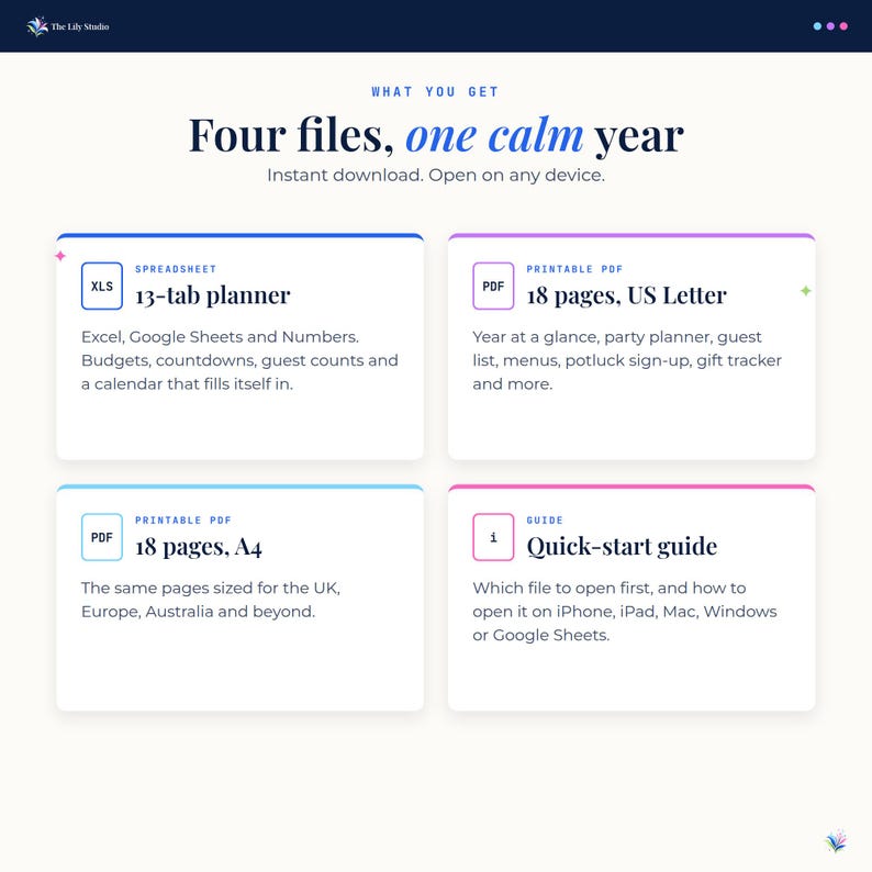 What you get: a 13-tab spreadsheet for Excel, Google Sheets and Numbers, 18 printable pages in US Letter, the same 18 pages in A4, and a quick-start guide.