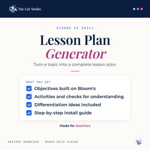 May include: A digital graphic for a Claude AI Skill Lesson Plan Generator by The Lily Studio. The text reads: Turn a topic into a complete lesson plan. Features include objectives built on Bloom's, activities, checks for understanding, differentiation ideas, and a step-by-step install guide. Made for teachers.