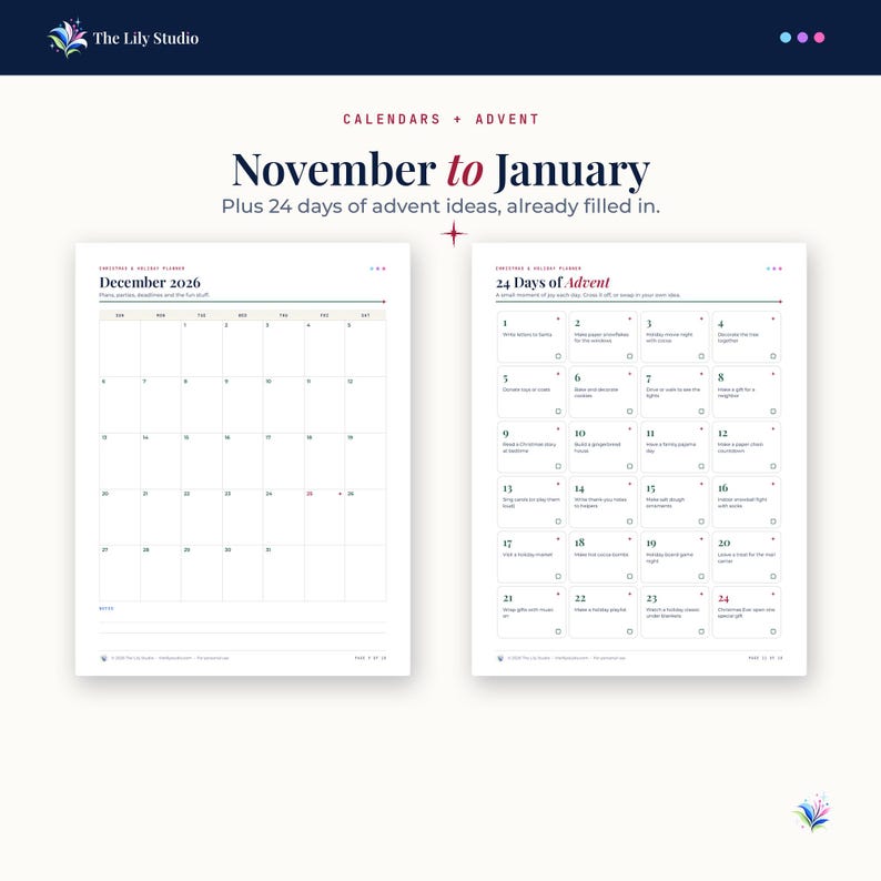 December 2026 calendar page and 24 days of advent page