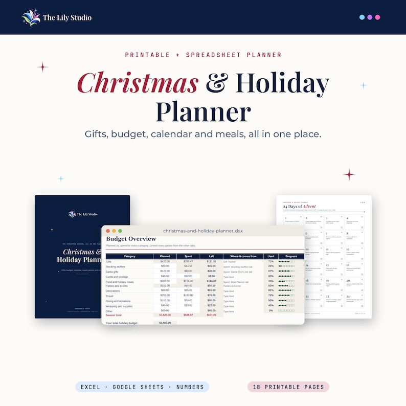Christmas and Holiday Planner cover with spreadsheet and printable pages