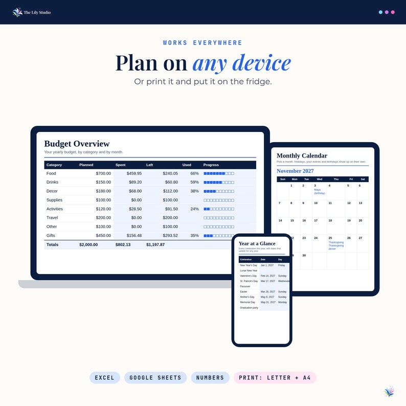 The planner on a laptop, tablet and phone, showing the Budget Overview, Monthly Calendar and Year at a Glance. Works in Excel, Google Sheets and Numbers, or print on Letter or A4.