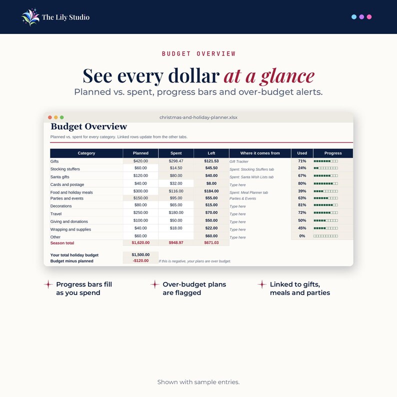 Budget overview tab with progress bars and planned versus spent totals