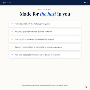 Who it's for: families who host the holidays, anyone juggling birthdays and gifts, party hosts, budget-minded planners, and pen-and-paper and spreadsheet lovers.