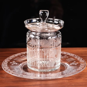 Glass Antique Preserve Jar and Underplate Engraved Flowers