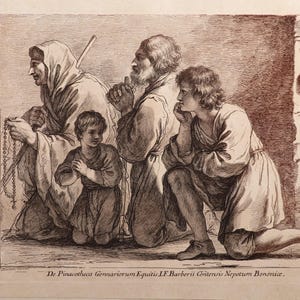 May include: A sepia-toned etching depicting four figures kneeling in prayer. An older person in a hooded cloak holds rosary beads, a child kneels with hands clasped, a bearded adult prays, and a youth kneels nearby. Text reads: De Pinacotheca Gennariorum Equitis I.F.Barberii Gritensis Nepotum Bononiae.