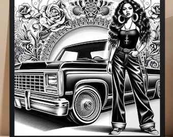Latina Lowrider Clipart, Chicano Art Sublimation PNG (Digital Download)