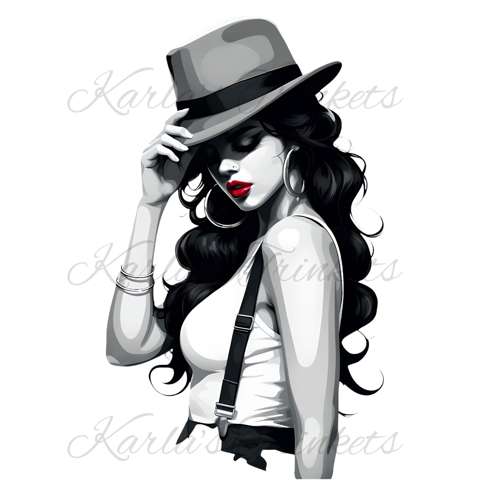 Latina Lowrider Clipart, Chicano Art, Black and White PNG (digital
