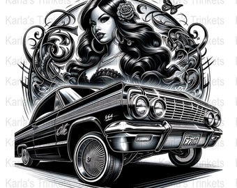Chicano Lowrider Art, Latina Clipart, Black and White PNG (Digital Download)