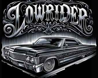 May include: Black and white illustration of a classic lowrider car. The word "LOWRIDER" is displayed in ornate, stylized lettering above the car. The car has detailed chrome accents and custom wheels, set against a black background.