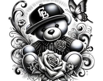 Osito de peluche, San Valentín, clipart de amor, arte chicano en blanco y negro (descarga digital)