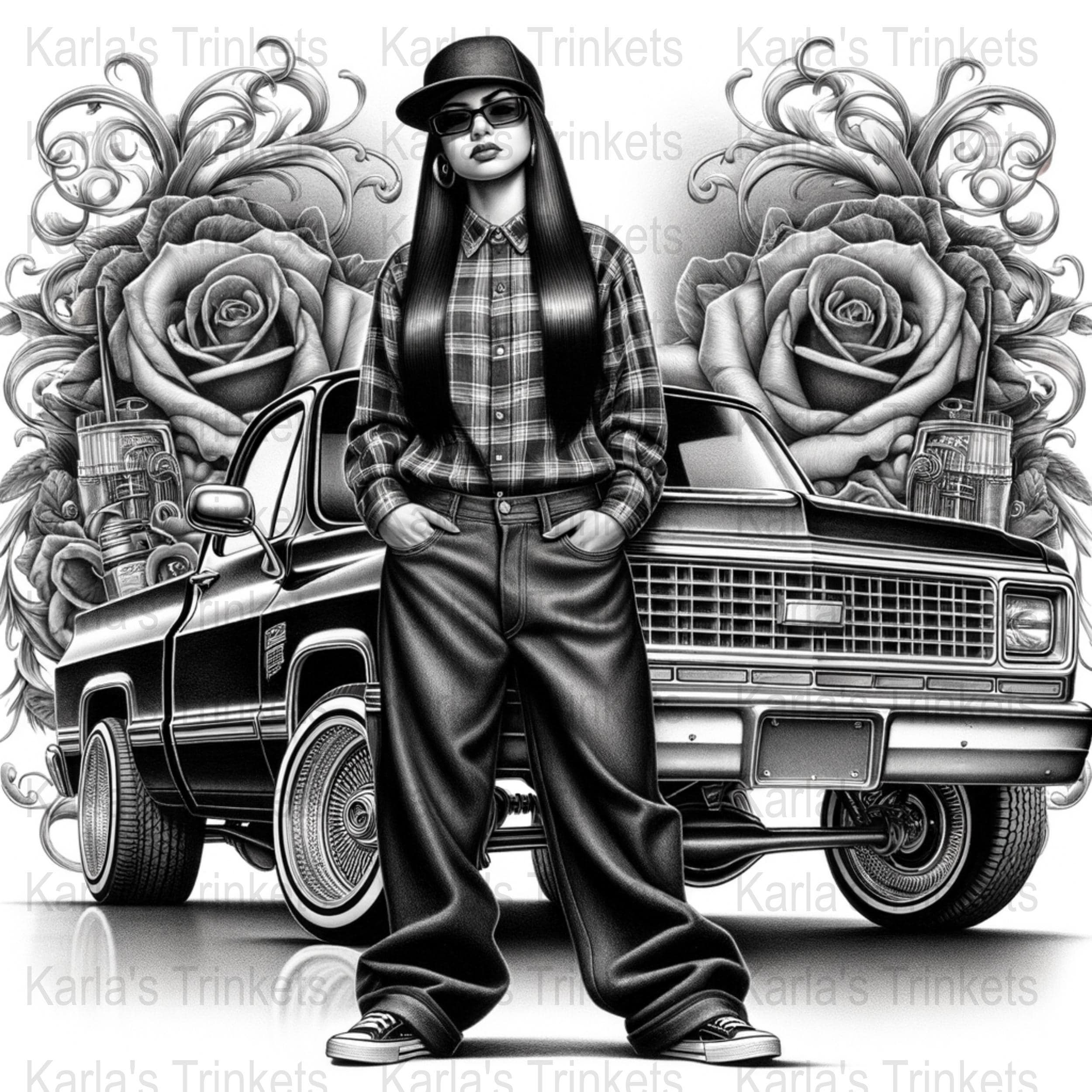 Latina Lowrider Clipart, Chicano Art, Black and White PNG (digital