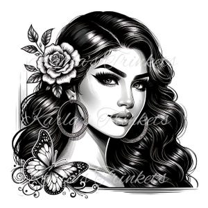 Mexican Clipart, Latino Black and White Sublimation PNG, Latina Clipart, Chicano Art, Cholo Lowrider Digital Download