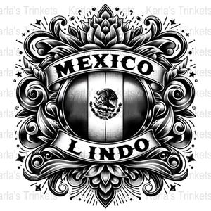 Mexican Flag Clipart, Black and White PNG (Digital Download)