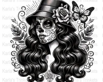 Clipart Latina Sugar Skull, noir et blanc PNG (téléchargement numérique)