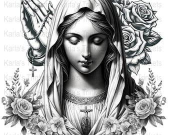Virgin Mary Clipart, Black and White Latino Art, Chicano Lowrider PNG (Download)