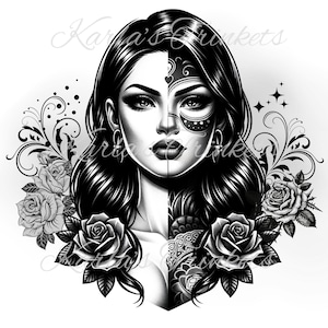 Mexican Clipart, Latino Black and White Sublimation PNG, Latina Clipart, Chicano Art, Cholo Lowrider Digital Download