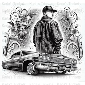 Mexican Clipart, Latino Black and White Sublimation PNG, Latina Clipart, Chicano Art, Cholo Lowrider Digital Download