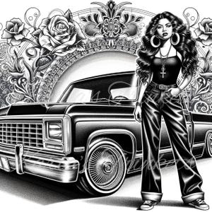 Mexican Clipart, Latino Black and White Sublimation PNG, Latina Clipart, Chicano Art, Cholo Lowrider Digital Download