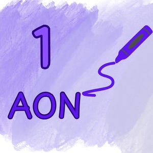 May include: A digital illustration featuring the number 1 and the letters AON in purple, with a purple crayon drawing a line. The background has a watercolor effect in shades of purple and white.